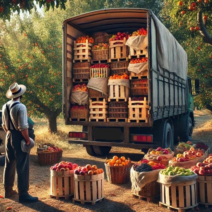 A large cargo truck is park red apples, orange A large cargo truck is park red apples, orange