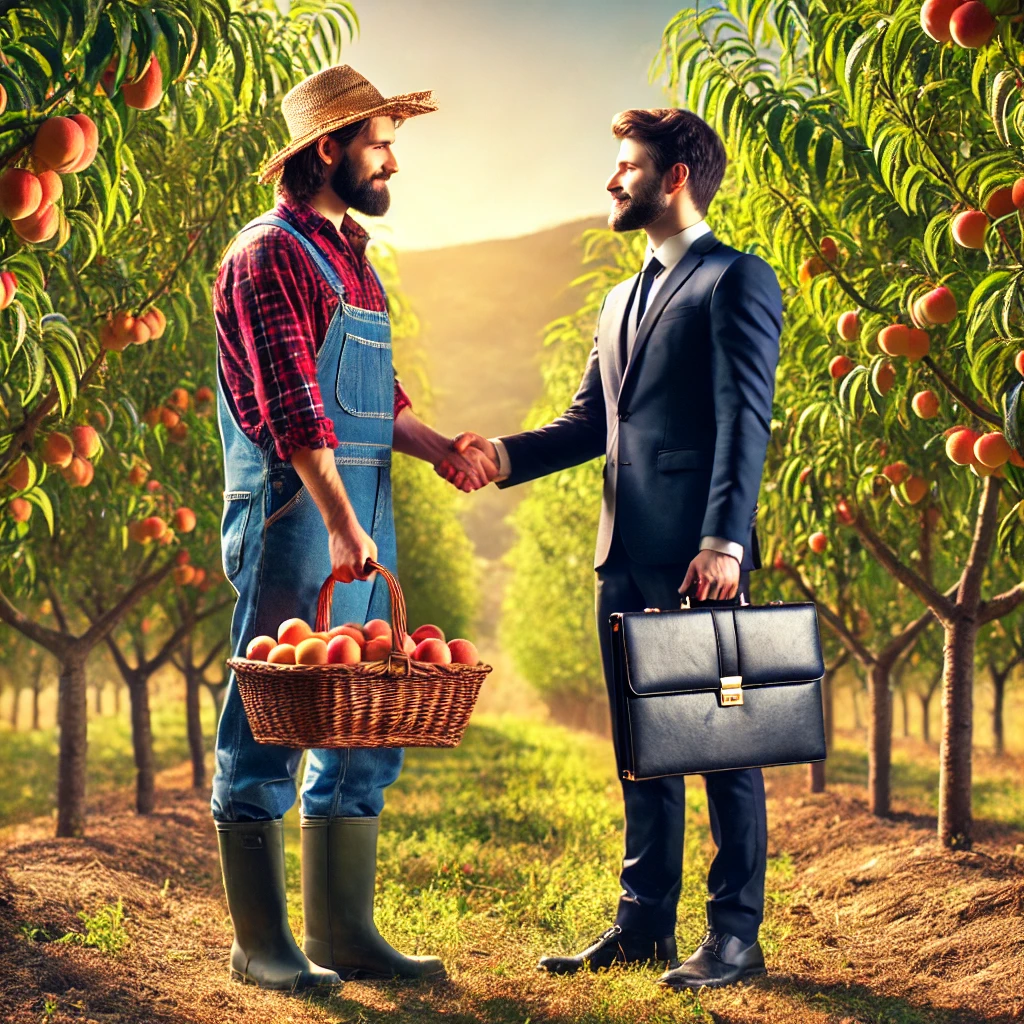 DALL·E 2025-02-14 18.46.25 – Two men shaking hands in an orchard after agreeing on a fruit brokerage deal. One man is dressed as a farmer, while the other is in business attire, s DALL·E 2025-02-14 18.46.25 - Two men shaking hands in an orchard after agreeing on a fruit brokerage deal. One man is dressed as a farmer, while the other is in business attire, s